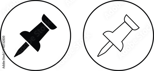 Push pin icons set. Thumbtack for note attach. Paperclip symbol Pushpin flat and line style collection isolated transparent background A needle for fixing on a board or map stock vector for web or app