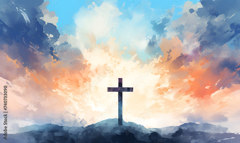 Biblical picture.cross against the sky Watercolor illustration in pastel colors. Religion, Catholicism, Orthodoxy, culture, faith. shrine.