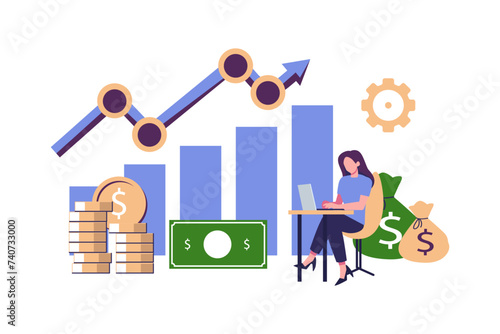 Investment and Analysis Money Profits. Investor sitting on stack of coins. Employee Making Investing Plans, Calculating Benefits on Laptop. Profitable investment, funding Financial consulting, savings