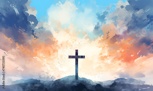 Biblical picture.cross against the sky Watercolor illustration in pastel colors. Religion, Catholicism, Orthodoxy, culture, faith. shrine. © PanArt