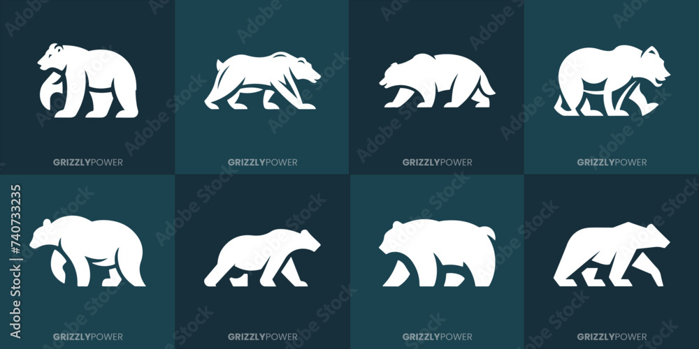 Fototapeta premium Monochrome Weiße Grizzlybärköpfe: Vektorgrafik Firmenlogo Bündel