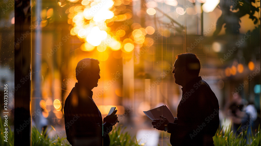 A silhouette of two business partners discussing by the window at sunset, reflecting on the day's work, blurred background, with copy space