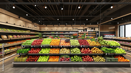 Supermarket interior with shelves full of fruits and vegetables .