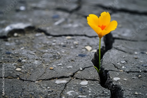 A single daisy stands defiant in the desolation of an abandoned urban space, a stark emblem of hope and resilience