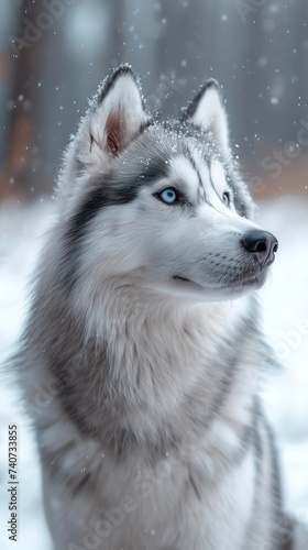 Blue-Eyed Husky in Snowfall Portrait