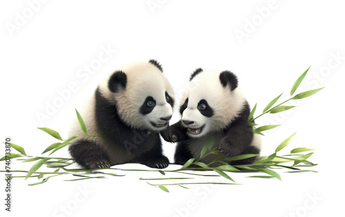 Two panda bears sit side by side in a relaxed position, showcasing their distinctive black and white fur patterns. on White or PNG Transparent Background. photo