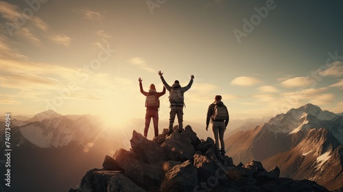 Together overcoming obstacles with three people holding hands up in the air on mountain top , celebrating success and achievements. - AI Generated