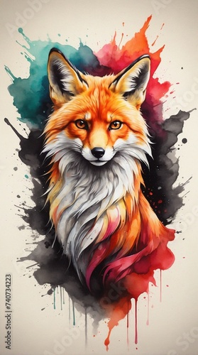high quality  logo style  Watercolor  powerful colorful fox face logo facing forward  monochrome background  awesome full color 