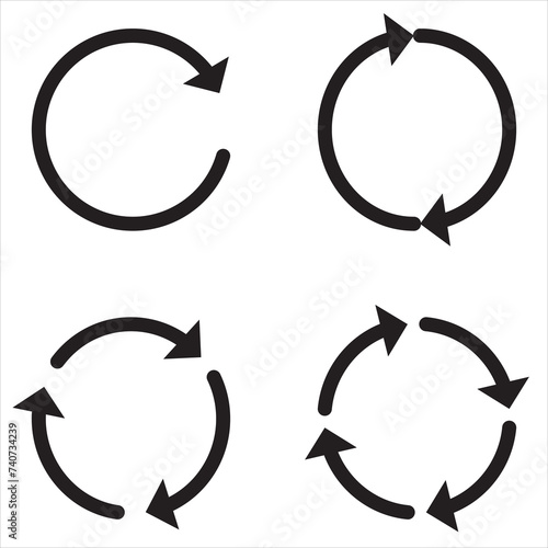 A set of black round arrows .Vector Icon Web Site Graphic. Recycle icon. One, two, three and four arrow in loop. Round reload sign, repeat icon. Vector illustration isolated on white background.
