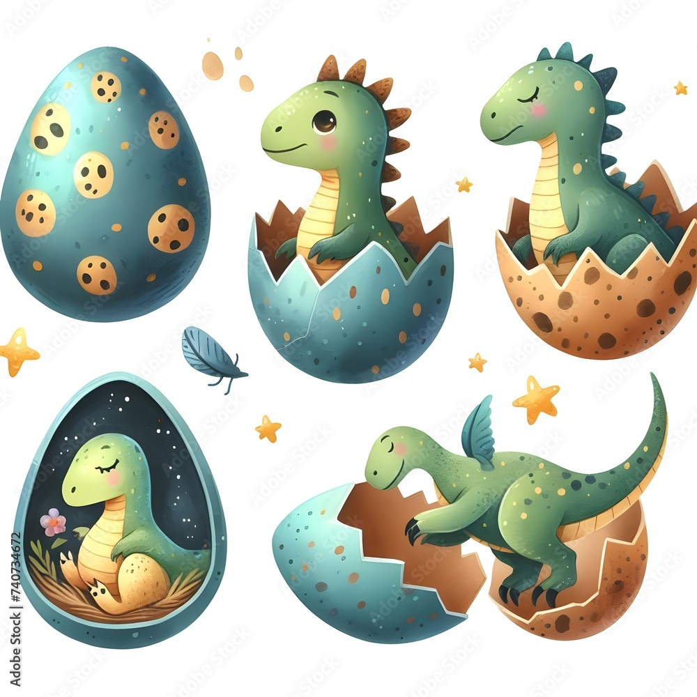 Naklejka premium Illustration of cute dinosaurs in eggshells on a white background