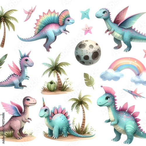 Seamless pattern with cute dinosaurs and rainbow on white background illustration