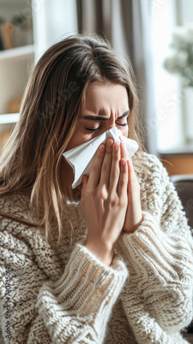 Sneezing young woman at home, panorama with copy space.