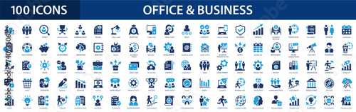 Office and business flat icons set. Workplace, teamwork, desk, partnership, planning, coworking, management icons and more signs. Flat icon collection.