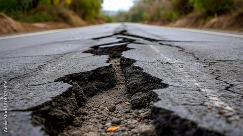 A detailed view of a cracked road, evidence of the earth's raw power, suitable for disaster themes, ending with AI Generative.