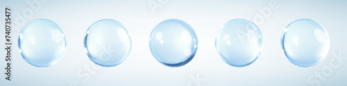 Collagen serum or essence drops on blue background. Collagen serum bubbles. Cosmetic essence. Concept skincare cosmetics solution. Vector 3d illustration