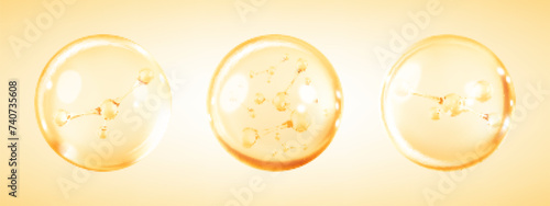 Molecules inside bubbles. Gold collagen serum bubble. Cosmetic essence. Concept skin care cosmetics solution. Vector 3d illustration