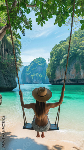 Young woman in hat sitting on a swing on the beach. Thailand © Art AI Gallery