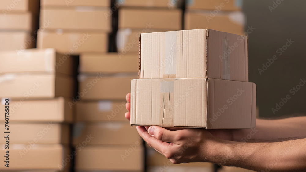 Male hand securely holding a stack of cardboard boxes, indicative of delivery and logistics services, optimized by AI Generative processes.