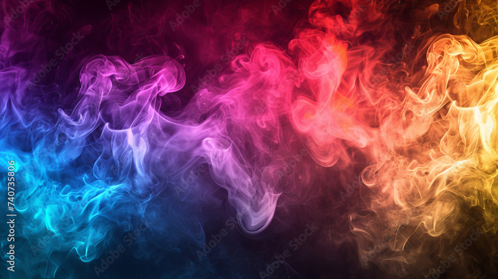 Multicolored smoke swirls against a black backdrop, a dance of abstract hues, AI Generative.