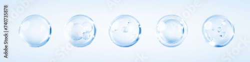 Collagen serum bubbles on blue background. Cosmetic essence. Molecule inside liquid bubble. Concept skincare cosmetics solution. Vector realistic illustration