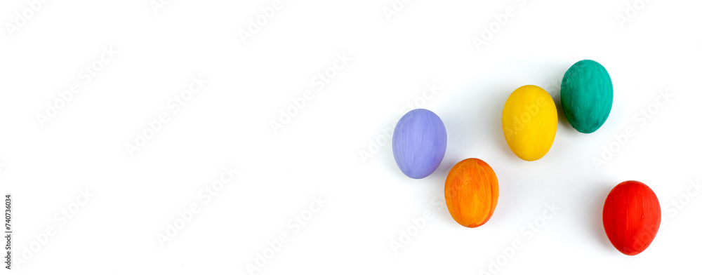 Happy Easter card. Colorful shiny easter eggs on isolated white background. Copy space for text. Banner
