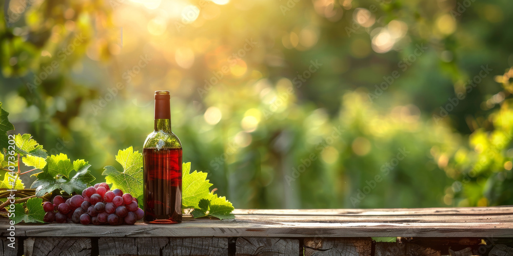 Wine and Grapes at Sunset.
Wine bottle and grapes on wooden table with vineyard background.