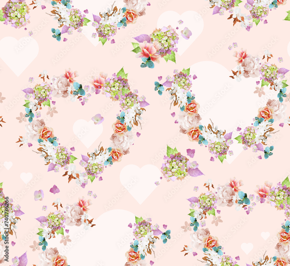 Floral fashionable botanical design pattern photo print with harts and multicolored flowers on a light beige background Floral fashionable botanical design pattern photo print with harts and multicolored flowers on a light beige background