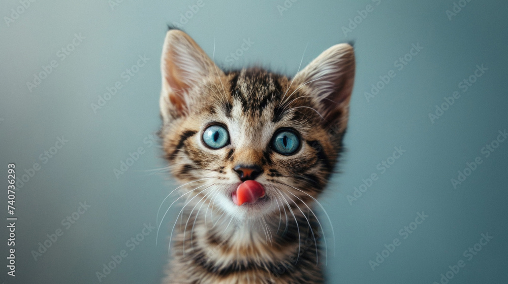 Cute little bengal kitten with blue eyes sticking out tongue