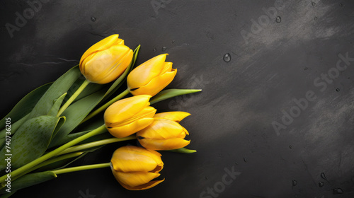 Summer yellow tulips on grey background  flat layer top view