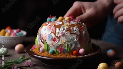 Traditional Slavic Orthodox pie for Easter, decorated with craffin photo