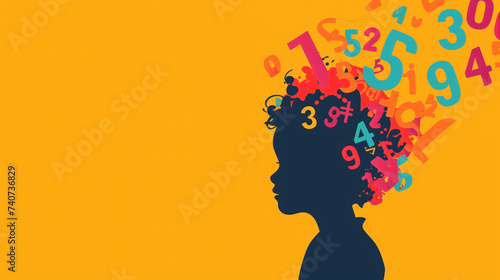 Dyscalculia awareness day banner design with copy space. Beautiful child profile silhouette surrounded by colorful numbers.