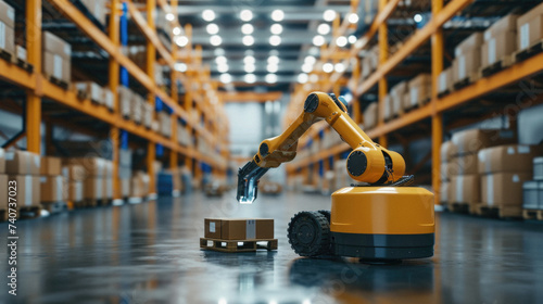 Smart robot arm working in warehouse. Industrial robot arm working in warehouse. Concept of artificial intelligence for industrial revolution and automation manufacturing process .