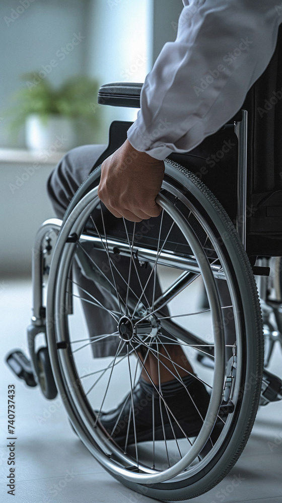 Close-up of a man in a wheelchair in the office . Close-up of a man in a wheelchair in the office .