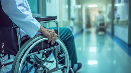 Asian senior patient on wheelchair in hospital corridor. Healthcare and medical concept . photo