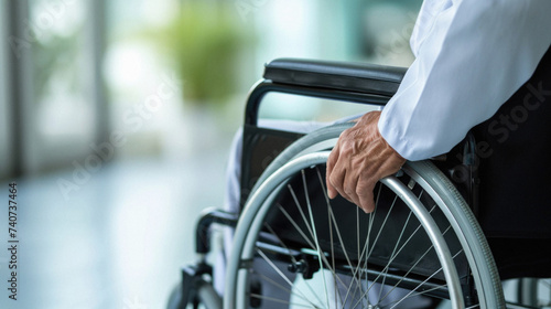 Close-up of senior man in wheelchair in hospital corridor. Healthcare and medical concept .