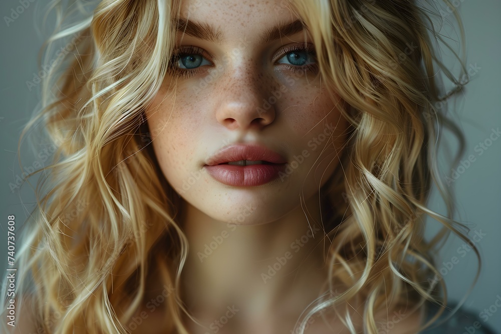 Naklejka premium Model flaunts beautiful blonde hair for beauty haircare advertising requirements. Concept Beauty Haircare Advertising, Model Photoshoot, Blonde Hair Campaign, Product Promotion