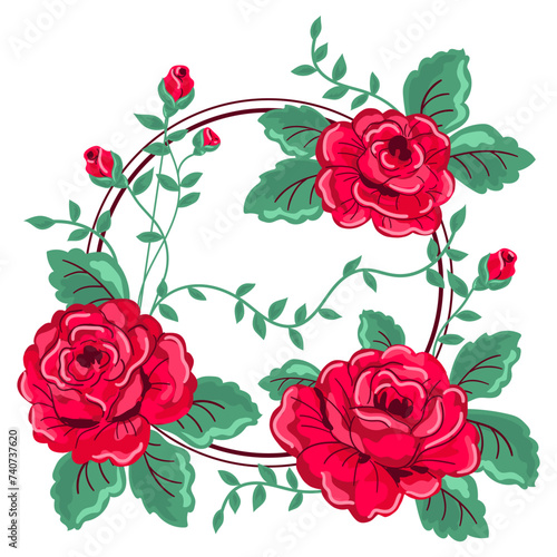 Illustration of a circle with red roses so you can put whatever text you want. Postcard design