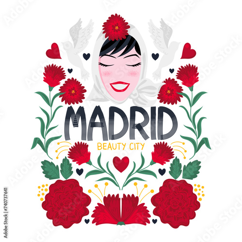 Illustration of a woman from Madrid, surrounded by carnations and with the phrase Madrid, beautiful city. Souvenir from Madrid. Print design