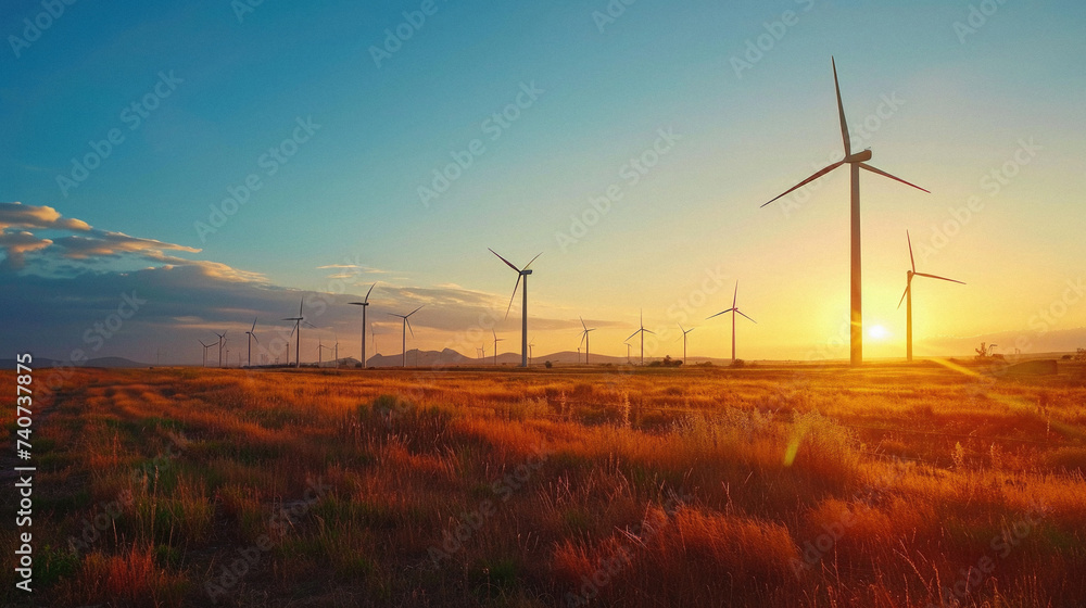 An image of windturbines in the field at sunset .