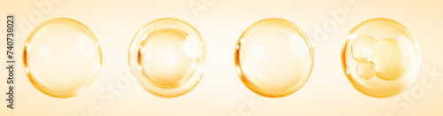 Gold collagen serum bubbles. Cosmetic essence. Concept skincare cosmetics solution. Vector realistic illustration