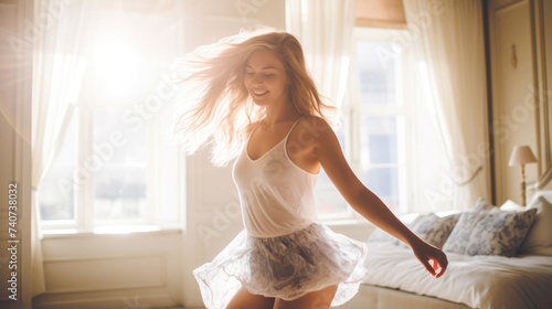 Young woman joyfully dancing alone at home in the sunlight from the window