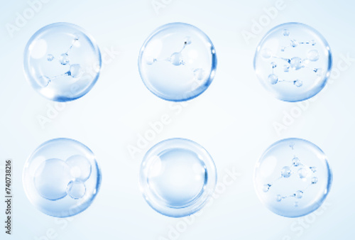 Molecules inside bubbles on blue background. Collagen serum bubble. Cosmetic essence. Concept skin care cosmetics solution. Vector 3d illustration photo