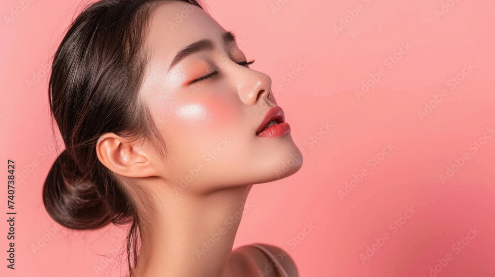 Beautiful asian woman with clean fresh skin on the pink background . Beautiful asian woman with clean fresh skin on the pink background .