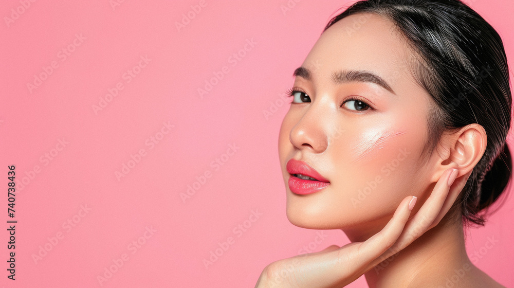 Beautiful Young Asian Woman with Clean Fresh Skin on pink background. Face care, Facial treatment, Cosmetology, beauty and healthy skin and cosmetic concept . Beautiful Young Asian Woman with Clean Fresh Skin on pink background. Face care, Facial treatment, Cosmetology, beauty and healthy skin and cosmetic concept .