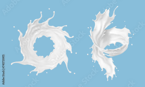 Twisted milk splashes isolated on blue background. Natural dairy product, yogurt or cream splash. Realistic Vector illustration