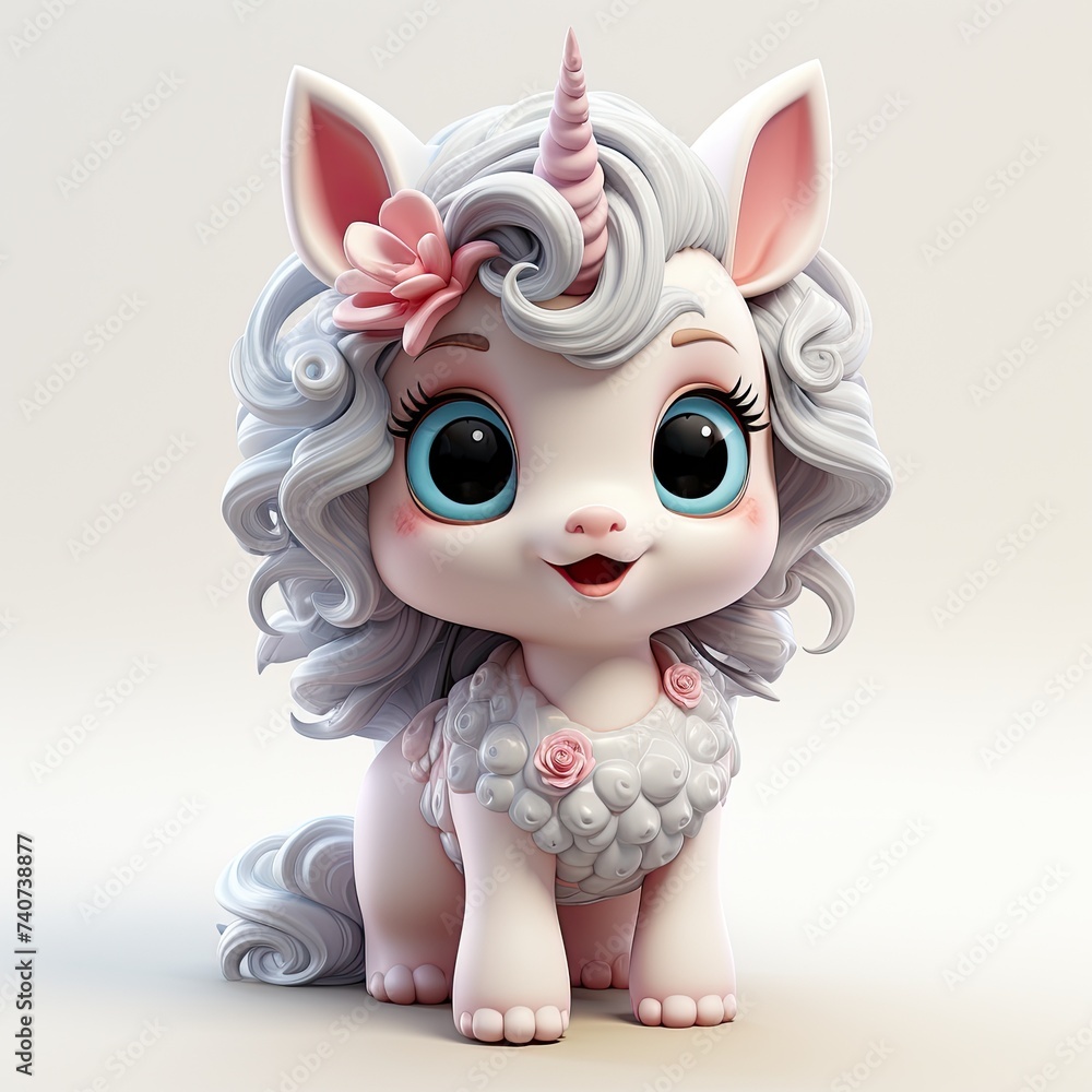 Naklejka premium Magic fairy tale character unicorn 3d illustration for girls. Magic fairy tale unicorn print for clothes, stationery, books, goods. Toy Unicorn 3D character banner, background. Generative ai.