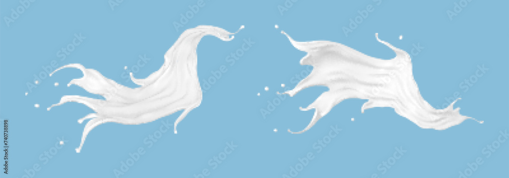 Fototapeta premium Milk splash set isolated on blue background. Natural dairy product, yogurt or cream splash. White cosmetics splashing. Realistic vector illustration