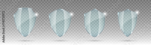 Set of glass shields. Protected guard shield concept. Safety badge icon. Privacy banner shield. Security safeguard label. Realistic vector illustration