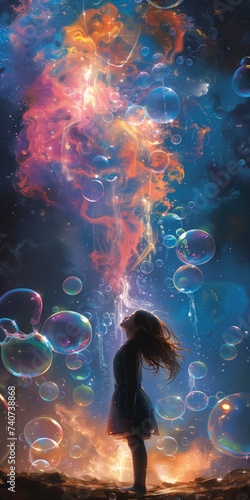 Enchanted Bubbles in Cosmic Dreamscape. A Girl Gazes at a Mystical Ascent of Vibrant Bubbles in a Starlit Sky. Soap Bubble Show. Ideal for Poster, Invitation, Flyer, Decoration