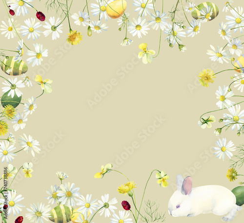 Watercolor floral frame with Easter eggs and Easter bunny